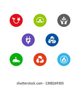 Set of 8 bio icons set. Collection of burnable, car, green and other elements.