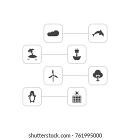 Set Of 8 Bio Icons Set.Collection Of Tree, Overcast, Wind Energy And Other Elements.