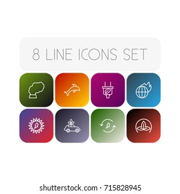 Set Of 8 Bio Outline Icons Set.Collection Of Dolphin, Global Warming, Renewable Energy And Other Elements.