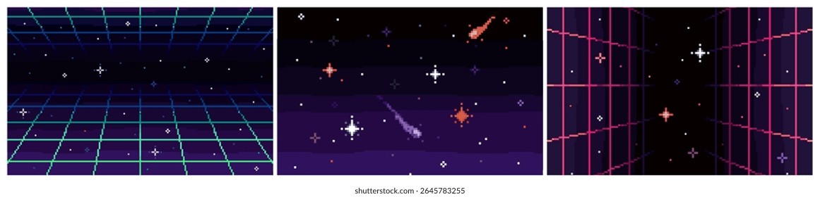Conjunto de planos de fundo do ciberespaço de 8 bits. Bandeiras de arte retrô futurista pixel com grade de ondas sintéticas, estrelas, cometas e espaço exterior. Design para videogames. Coleção de ilustrações isoladas de vetor plano