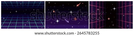 Set of 8 bit cyber space backgrounds. Retro futuristic pixel art banners with synthwave grid, stars, comets and outer space. Design for video games. Flat vector isolated illustration collection