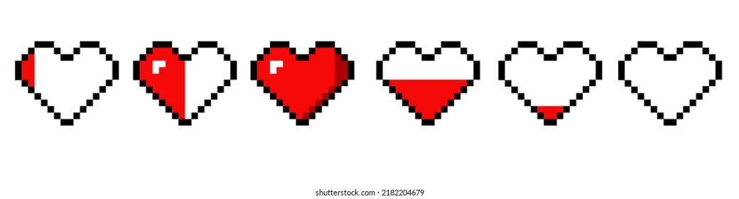 Set of 8 bit hearts bar game controller symbols. Pixel heart video game set isolated on white background. Style. Vector illustration.