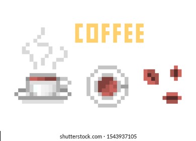 Set of 8 bit pixel art coffee icons isolated on white background. Old school vintage retro 80s-90s slot machine/video game graphics. Hot beverage menu elements. Cafe/restaurant drink symbols.