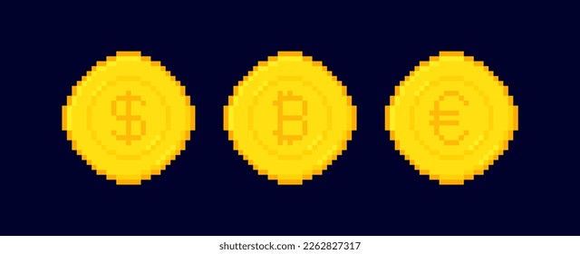 Juego de monedas de 8 bits de píxeles. Monedas de dólar, bitcoin y euro. Monet de oro. Ilustración vectorial.
