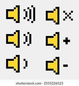 A set of 8 bit pixel art sound icons, including mute, volume up, volume down, and sound levels, perfect for retro games and user interface designs.