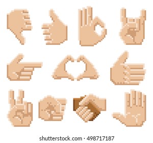 A Set Of 8 Bit Pixel Art Hand Icons