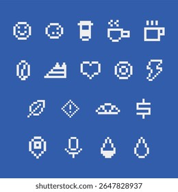 Conjunto de ícone Pixel de padaria de café. Coração, ícones de cerveja de dólar.