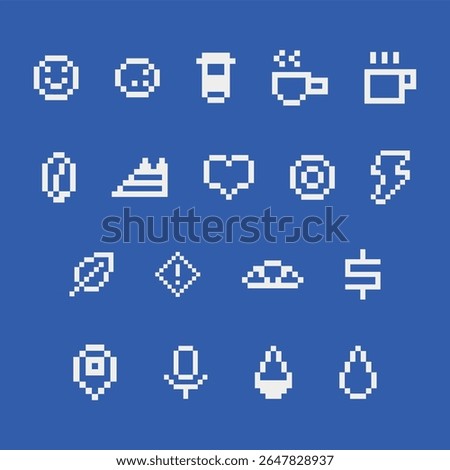 Set of 8 bit Pixel Icons. Includes bakery icon of Coffee Heart, Dollar, Electric, Location. Barista, starbucks, Coffee cafe day Tata, nescafe, Davidoff, Lavazza, Bru, Costa Tim Hortons, Dunkin scooter