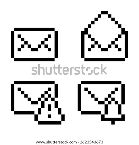 A set of 8 bit pixel style email icons featuring four variations: closed envelope, open mail, alert notification, and email with a bell.