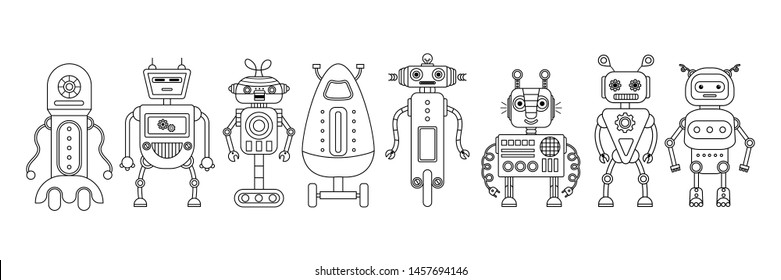 Set of 8 black line robots on a white background. Cartoon style. Robot toys. Vector illustration. 