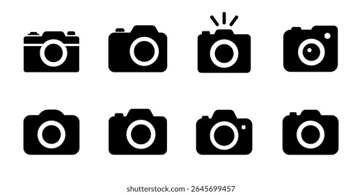 Set of 8 black solid camera icons in flat style. Includes different variations with lens, flash, and shutter details. Ideal for photography, UI design, apps, or multimedia interfaces.