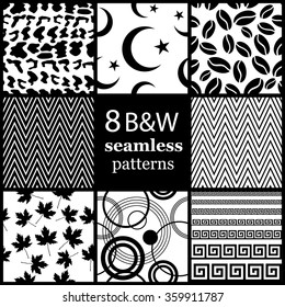 Set of 8 black and white abstract seamless patterns. Spots, crescents and stars, coffee beans, zig zag, maple leaves, rings, meanders.