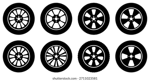 Conjunto de 8 iconos de rueda de coche en blanco y negro con varios diseños de llantas clásicos, deportivos, modernos. Perfecto para Sitios web automotrices, talleres de reparación, servicios de neumáticos, anuncios, infografías de App. Estilo de Vector limpio
