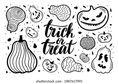 Set 8 with black and white hand drawn trick or treat Halloween illustrations. Vector doodle elements and lettering
