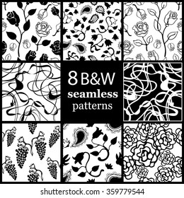 Set of 8 black and white hand drawn floral patterns. Roses, paisleys, tulips, grape, ribbons. Backgrounds & textures shop.
