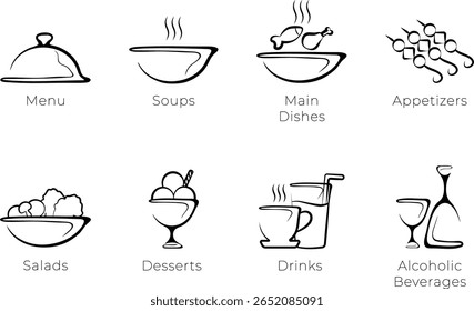 Conjunto de 8 ícones de linha preta e branca para um menu de restaurante: apresentando categorias de alimentos e bebidas de sopas e pratos principais a sobremesas e bebidas alcoólicas. Inclui texto. Vetor EPS 10