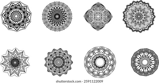 Set of 8 black  white mandala designs. Intricate, decorative, and versatile vector set for elegant