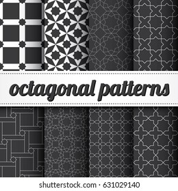 Set of 8 black and white octagonal vector patterns