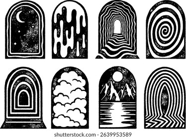 Set of 8 black and white vector portals with surreal designs and textured woodblock print style. Ideal for tattoos, posters, album covers, or mystical graphic projects.
