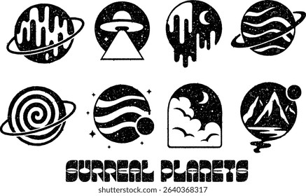 Set of 8 black and white vector portals with surreal designs and textured woodblock print style. Ideal for tattoos, posters, album covers, or mystical graphic projects.