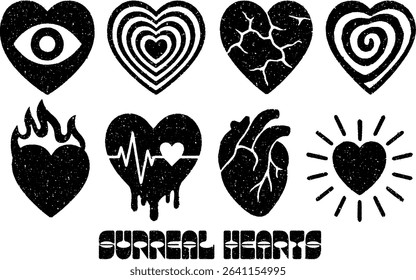 Set of 8 black-and-white vector hearts with surreal scenes, featuring a bold, woodcut-style texture. Perfect for mystical designs, posters, tattoos, album art, or branding.	