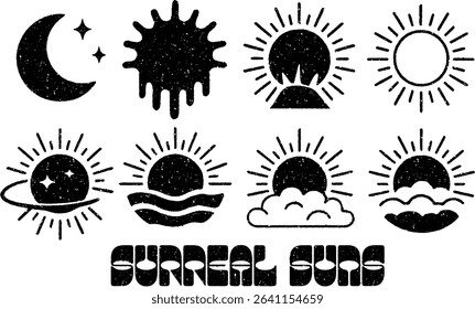 Set of 8 black-and-white vector suns with surreal scenes, featuring a bold, woodcut-style texture. Perfect for mystical designs, posters, tattoos, album art, or branding.	