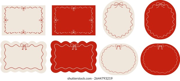 Conjunto de 8 modelos de cartão de convite em branco em vermelho e bege com arco desenhado à mão e bordas decorativas. Inclui formas retangulares, ovais e recortadas. Vetor EPS 10