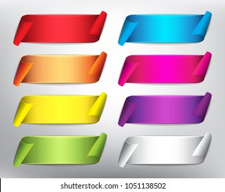 Set of 8 blank ribbon banners in bright colors. Colorful vector web ribbons. Isolated with realistic, transparent shine and shadow on the light background. Vector illustration. Eps10.