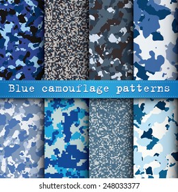 Set of 8 blue camouflage patterns vector