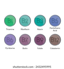 Conjunto de 8 iconos de vitaminas azules, verdes, moradas -vitaminas del grupo B - B1, B2, B3, B5, B6, B7, B9, B12 - ilustración de icono simple con nombres químicos, elemento gráfico para productos, suplementos, diseño web
