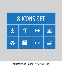 Set of 8 bodybuilding icons set. Collection of aerobic, dumbbell, scales and other elements.