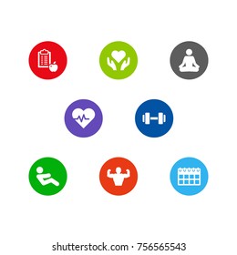 Set Of 8 Bodybuilding Icons Set.Collection Of Heart In Hand, Do Abs, Barbell Elements.