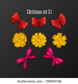 Set of 8 bow for decoration or gift boxes. Collection of holidays elements - New Year, Christmas, Valentine, Womens day or Birthday. Vector illustration pack