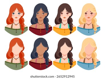 Set of 8 braided woman avatars in flat cartoon style with multicultural skin tones and colorful outfits. Perfect for character design, profile icons, and beauty illustrations.