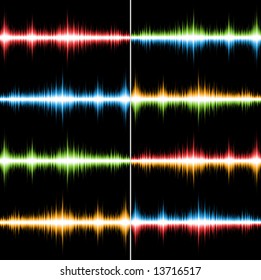 Set of 8 bright coloured seamless music patterns (Vector)