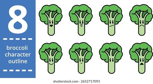 Um conjunto de 8 personagens de brócolis com diferentes expressões faciais, perfeito para materiais educacionais, ilustrações infantis, gráficos de emoção ou projetos com temas de alimentos saudáveis.