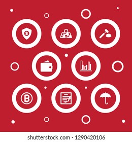 Set of 8 budget icons set. Collection of bitcoin, statistic, auction and other elements.