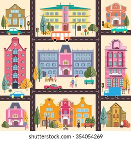 Set 8 buildings style small business Flat design Seamless pattern infographics Architecture town Illustration Image stock Vector cartoon background backdrop street city urban map bus car road cover