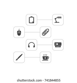 Set Of 8 Bureau Icons Set.Collection Of Coffee, Control Device, Fastener And Other Elements.