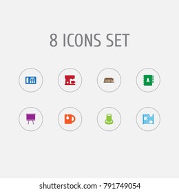 Set Of 8 Bureau Icons Set.Collection Of Cup, Book, Espresso And Other Elements.