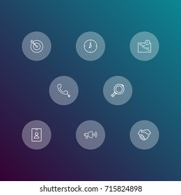 Set Of 8 Business Outline Icons Set.Collection Of Magnifier, Handset, Target Elements.