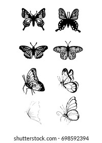 Set of 8 butterflies, decorative hand - drawn butterflies for design on white background