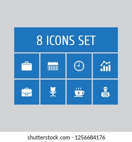 Set of 8 cabinet icons set. Collection of almanac, hot drink, clock and other elements.