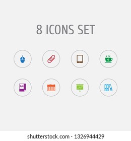 Set of 8 cabinet icons set. Collection of hot drink, document case, tablet and other elements.
