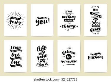 Set of 8 cards or posters with typography. Usable as flyer, banner or postcard. Vector lettering design. Scrapbooking or journaling cards with quotes.