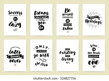 Set of 8 cards or posters with typography. Usable as flyer, banner or postcard. Vector lettering design. Scrapbooking or journaling cards with quotes.