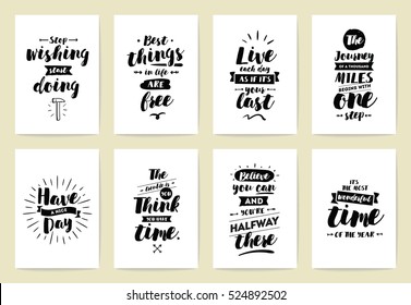 Set of 8 cards or posters with typography. Usable as flyer, banner or postcard. Vector lettering design. Scrapbooking or journaling cards with quotes.