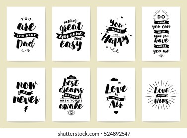 Set of 8 cards or posters with typography. Usable as flyer, banner or postcard. Vector lettering design. Scrapbooking or journaling cards with quotes.