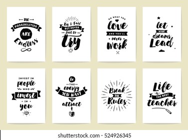 Set of 8 cards or posters with typography. Usable as flyer, banner or postcard. Vector lettering design. Scrapbooking or journaling cards with quotes.