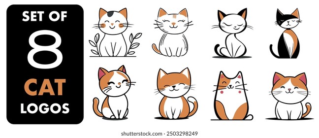 Set of 8 Cat Logos - Flat Vector Illustration